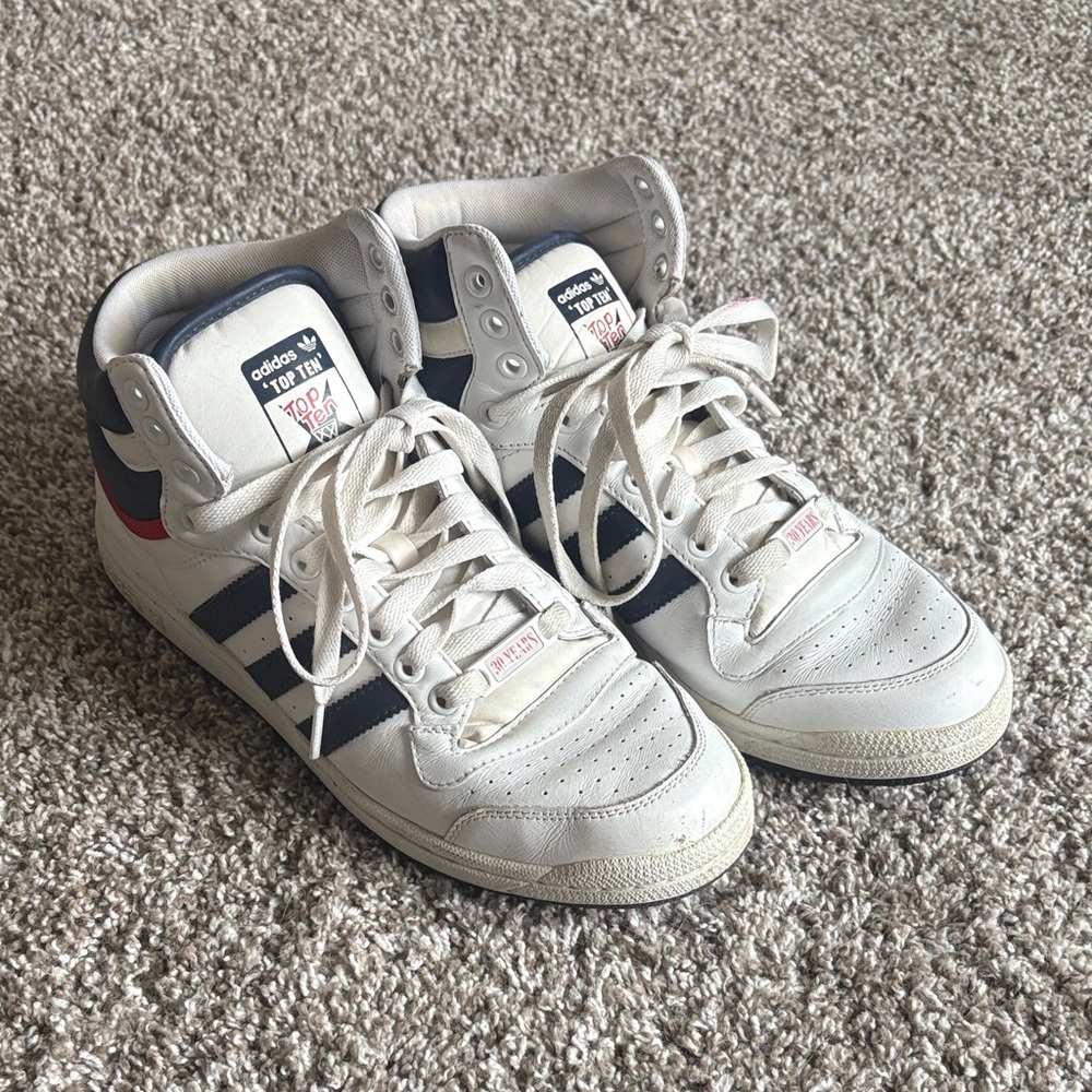 Adidas White and Blue ‘Top Ten’ High-Top Sneakers